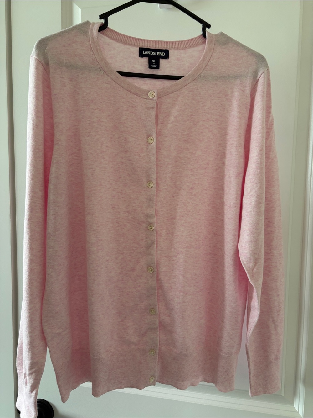 Lands' End Light Pink Button-Front Crewneck Cardigan
